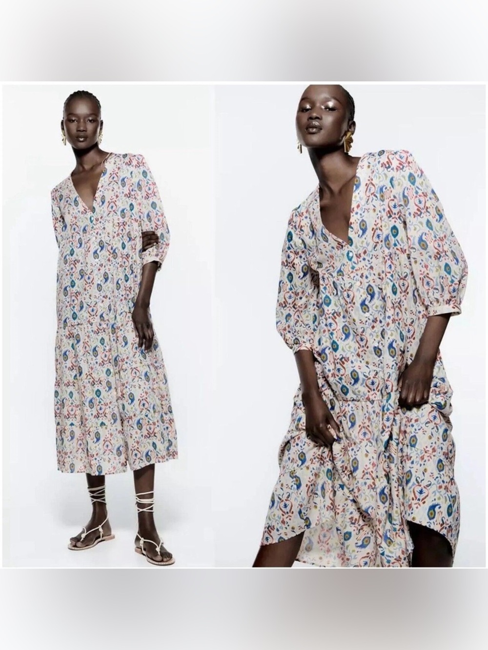 Zara Cream Midi Dress with Multicolor Paisley Print